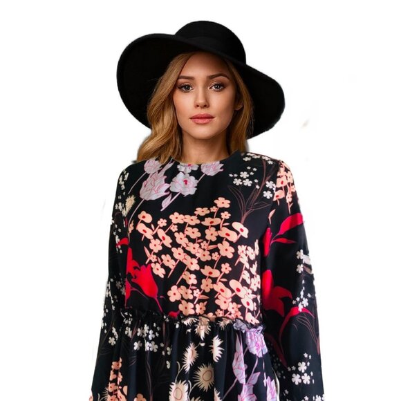 AVA & LU Vibrant Multicolor Floral Print Black Background Knee Length Dress Sz S - Picture 6 of 6